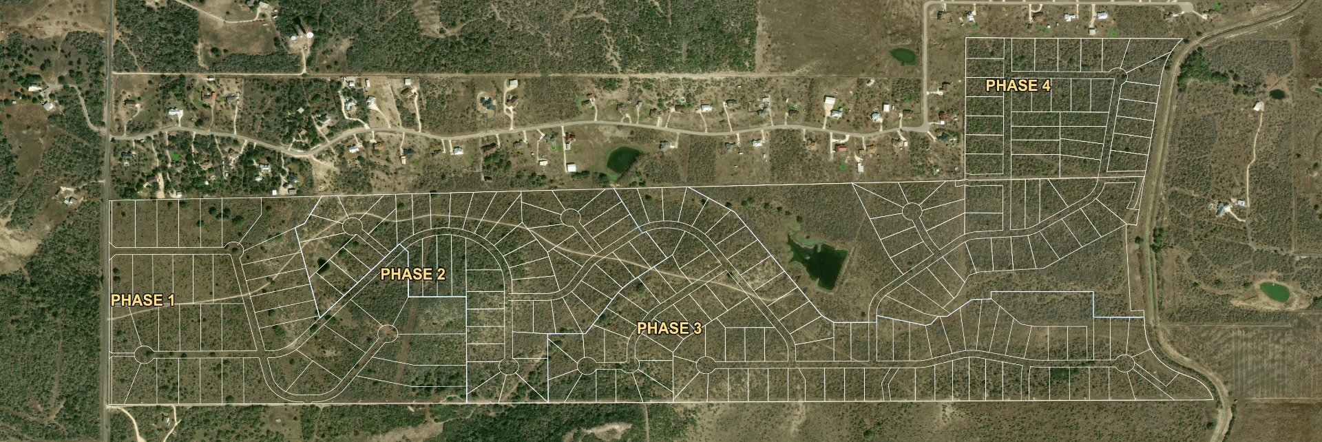 Aerial view of Medina Valley Ranch with all four phases outlined