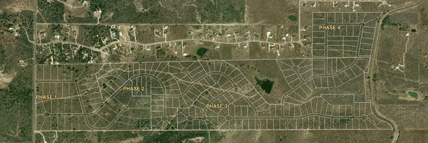 Aerial view of Medina Valley Ranch with all four phases outlined